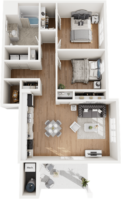 Floor plan for 2 beds, 1 bath, 910 sqft